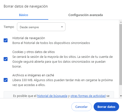 Borrar cache en Chrome