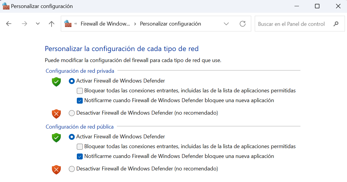 Desactivar firewall en Windows