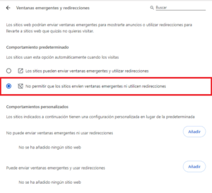 Configuración_ Ventanas emergentes y redirecciones Google Chrome