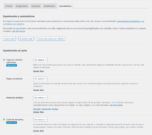 Ajustes experimentos y características plugin Elementor