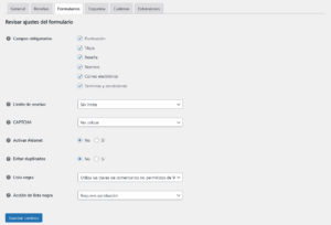 Ajustes formularios plugin Site Reviews