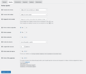Ajustes reseñas plugin Site Reviews