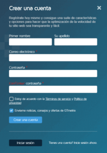 Formulario registro GTmetrix