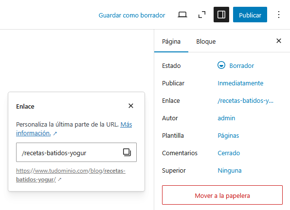 Crear una URL en WordPress desde el editor